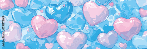 Miłość i czułość: pastelowe serca w odcieniach różu i błękitu tworzą delikatne tło.
