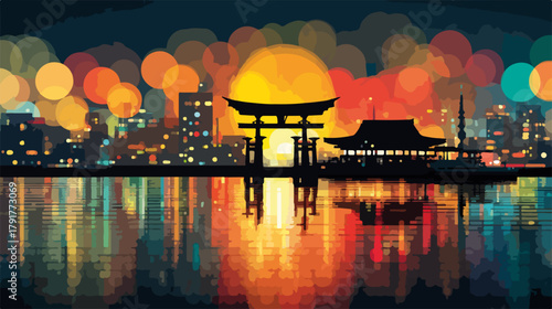 Malownicza panorama miasta nocą z tradycyjną japońską bramą torii i odbiciem w wodzie.