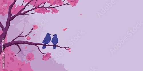 Dwa ptaki siedzące na gałęzi kwitnącej wiśni, symbol miłości i wiosny.