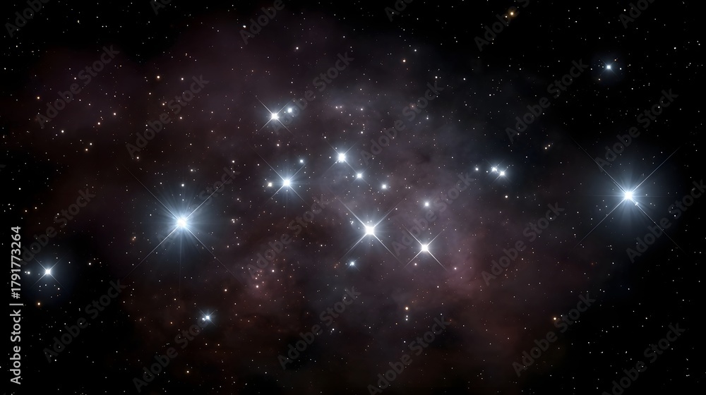 Fototapeta premium Luminous star cluster with bright twinkling stars and faint nebulae set against a dark cosmic backdrop