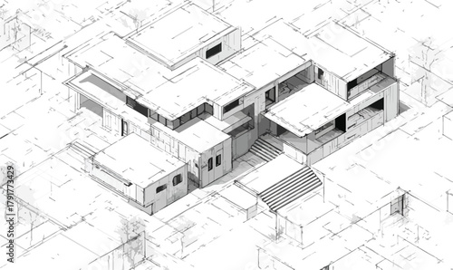Nowoczesny projekt architektoniczny domu jednorodzinnego w stylu modernistycznym, szkic architektoniczny.