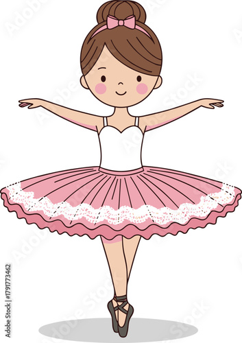 Cartoon ballerina girl in pink tutu dancing en pointe with graceful pose, white leotard, bun hairstyle, isolated on white