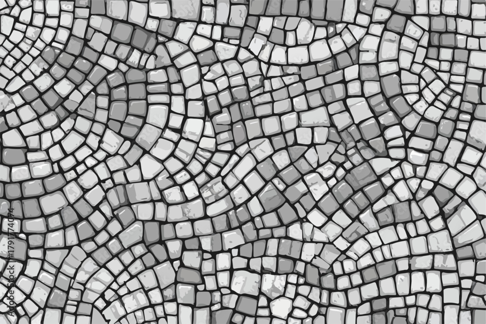 Fototapeta premium Wektorowa ilustracja przedstawiająca mozaikowy wzór w odcieniach szarości z nieregularnymi płytkami ułożonymi w dynamiczną, falistą kompozycję.