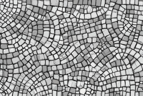 Wektorowa ilustracja przedstawiająca mozaikowy wzór w odcieniach szarości z nieregularnymi płytkami ułożonymi w dynamiczną, falistą kompozycję.