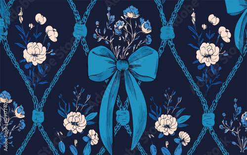 Elegancki, bezszwowy wektorowy wzór z niebieskimi i białymi kwiatami, liśćmi oraz ozdobną kokardą, idealny do projektów tekstylnych i dekoracyjnych.