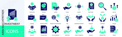 investment icon collection set. Containing contract, Income, decision, New Project, analytics, grow up, Business icon