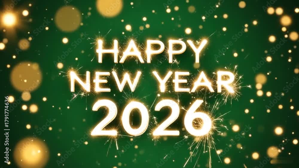 Happy New Year 2026 Text Emerging from Shimmering Light Trails on Green ...