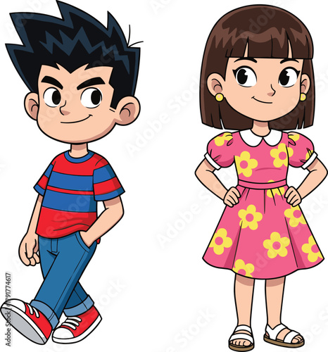 Cartoon boy and girl standing together in colorful outfits with confident pose, isolated on white background for design and animation use