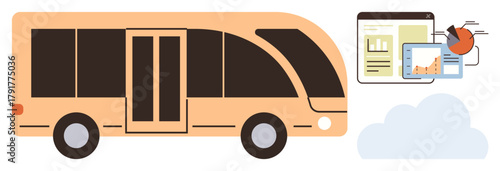 Bus alongside analytics dashboard, cloud, and charts representing smart transportation. Ideal for innovation, efficiency, connectivity, data, urban transit, future mobility environmental focus