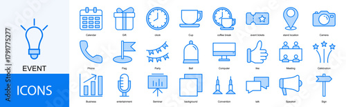 Event icon collection set. Containing Meeting, Celebration, Business, entertainment, Seminar, background, Convention icon