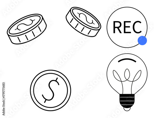Coins, recording button with blue dot, and light bulb depicting financial creativity, media creation, inspiration, and idea generation. Ideal for innovation, technology, finance media creativity