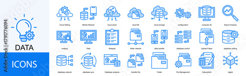 data icon collection set. Containing Cloud Setting, Mobile Network, cloud share, cloud file, cloud storage, configuration icon