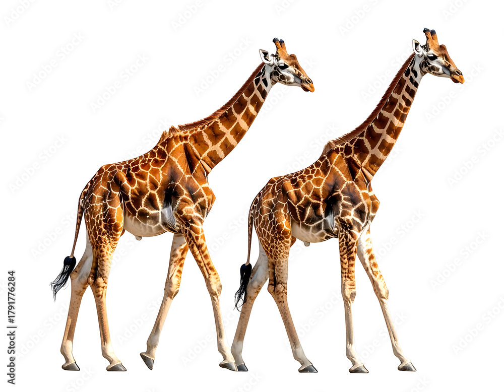 Fototapeta premium Two giraffes with distinctive patterned coats walk side by side