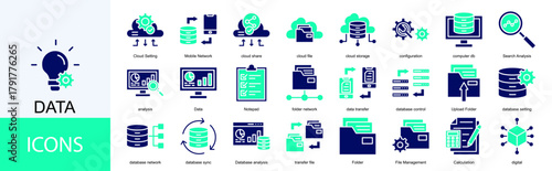 data icon collection set. Containing Cloud Setting, Mobile Network, cloud share, cloud file, cloud storage, configuration icon