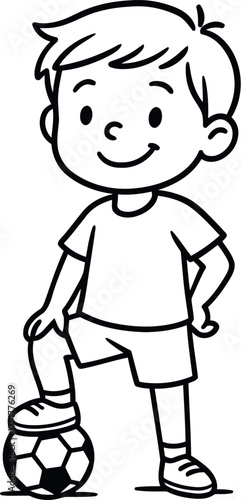 Happy cartoon boy standing with soccer ball ready to play
