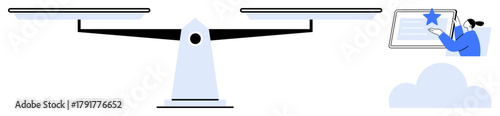 Balancing scale representing fair evaluation, person interacting with document in cloud environment. Ideal for fairness, evaluation, law, collaboration, decision-making, judgment equality. Simple