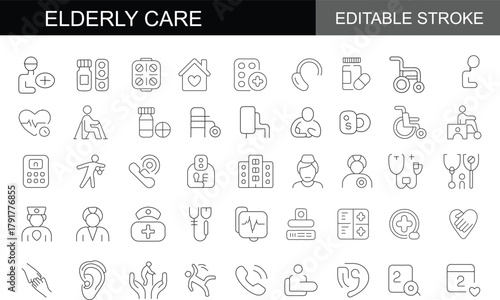 Elderly line icon set. Nursing home, hospital, medical, senior citizens. Editable stroke. Vector illustration