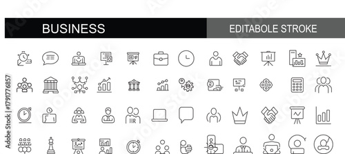 Business people icon set. Meeting, leadership, communication, cooperation. Editable stroke. Vector illustration