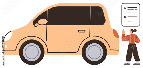 Woman pointing at a checklist beside a parked orange compact car. Ideal for transportation, checklist process, organization, travel planning, car maintenance, inspections, service industry. Simple