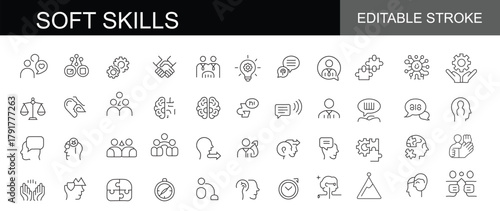 Soft skills line icon set – Includes communication, teamwork, leadership, creativity and adaptability. Editable stroke. Colored vector illustration.