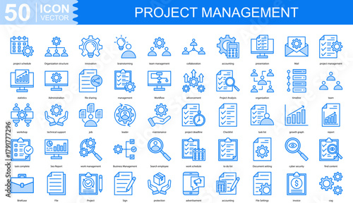 project management icon collection set. Containing project schedule, Organization structure, innovation, brainstorming, team management, collaboration, accounting icon