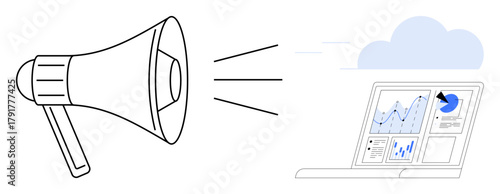 Megaphone projecting messages towards a laptop screen with analytics, charts, and graphs. Ideal for marketing, communication, analytics, data sharing, digital tools, cloud integration and strategy
