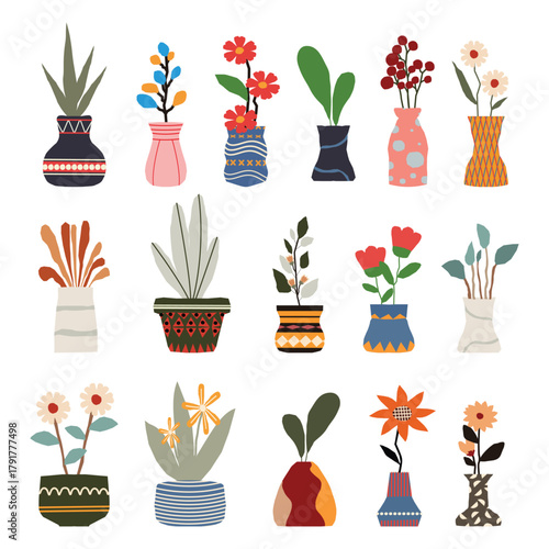 Boho Potted Plant Illustrations, Colorful Indoor Houseplants in Decorative Pots Vector Set