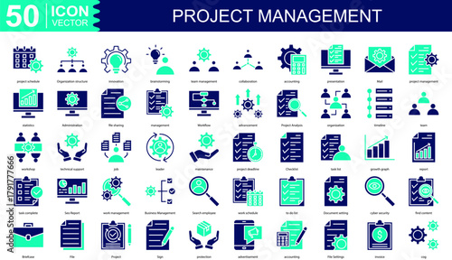 project management icon collection set. Containing project schedule, Organization structure, innovation, brainstorming, team management, collaboration, accounting icon
