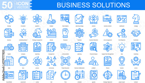 Business Solutions icon collection set. Containing Synergy, innovation, quantum, Catalyst, Data Analytics, planning strategy, solution icon