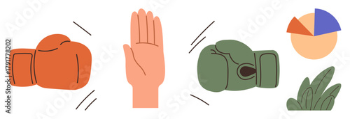 Red and green boxing gloves facing off, hand raised as a gesture of stop, pie chart, and abstract decor. Ideal for conflict, decision-making, teamwork, negotiation, peace-making communication