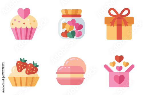 Outline color icons for romantic treats, illustrating cupcakes, macarons, gifts, representing sweet celebration and holiday,