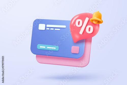 3D credit card money financial with tag price icon on speech bubbles for online shopping, special offer promotion, online payment protection. 3d credit card vector icon render illustrator