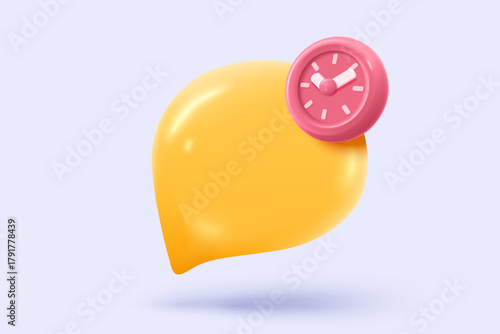 3D alarm clock icon with chat notice bubble. New urgency reminder concept for social media element speech. 3d hour announce icon for urgency time vector render illustration