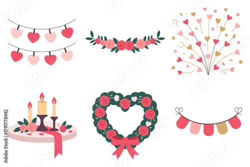 Detailed flat vector icons for romantic decor, showing hearts, roses, table, representing Valentine's Day party setting,