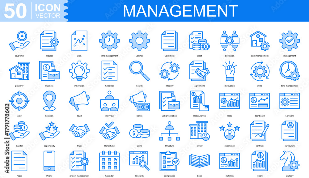 Obraz premium management icon collection set. Containing Project, plan, time management, Settings, Document, asset, discussion icon