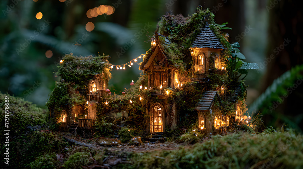 Fototapeta premium Whimsical fairy house nestled in a magical forest, glowing lights, intricate details, moss-covered roofs, enchanting fantasy atmosphere.