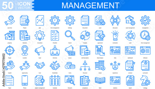 management icon collection set. Containing Project, plan, time management, Settings, Document, asset, discussion icon