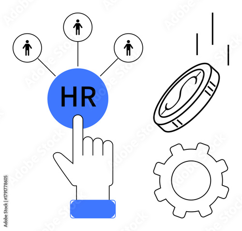 Hand interacting with HR button linking to people icons, gear for workflow, and coin symbolizing budgets. Ideal for recruitment, management, teamwork, operations, finance, strategy simple flat