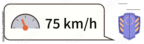 Speedometer with needle and text displaying 75 kmh, paired with a security badge. Ideal for safety, driving, speed, transportation, monitoring, regulation efficiency. Simple flat metaphor