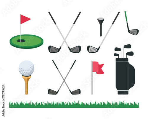 Golf club and ball set, isolated on white background, sports equipment for golf lovers, flat vector illustration, golf game concept.
