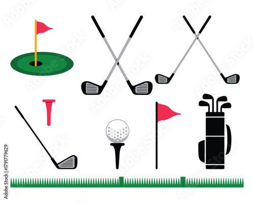 Golf club and ball set, isolated on white background, sports equipment for golf lovers, flat vector illustration, golf game concept.