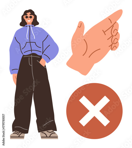 Casual figure wearing sunglasses and a hoodie, hand making a gesture, with a large red X symbol. Ideal for concepts thumbs up denial, rejection, warnings, choices, lifestyle, gestures symbols