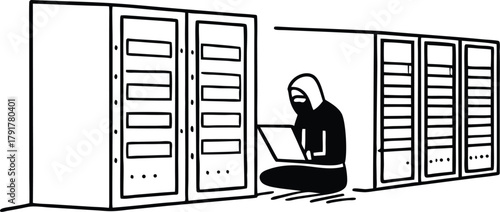 Hacker coding in server room silhouette isolated on transparent background