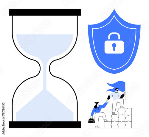 Hourglass symbolizing time, shield with padlock for security, two individuals solving challenges collaboratively. Ideal for time management, data security, teamwork, collaboration, problem-solving