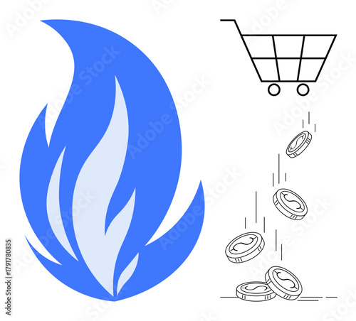 Blue flame alongside a shopping cart releasing coins represents high energy costs, resource use, financial strain. Ideal for energy pricing, cost efficiency, budgeting, savings, eco-awareness