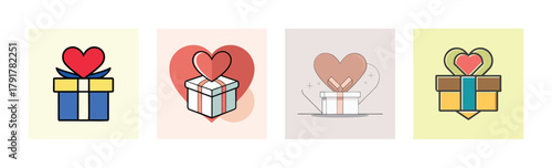 Set of gift box icons with hearts, symbolizing presents, celebrations, and thoughtful gestures