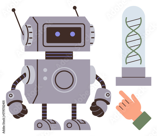 Robot standing with antennas and mechanical arms, facing a glass tube holding a DNA strand. Human hand pointing at the sample. Ideal for biotechnology, robotics, AI, innovation, future science