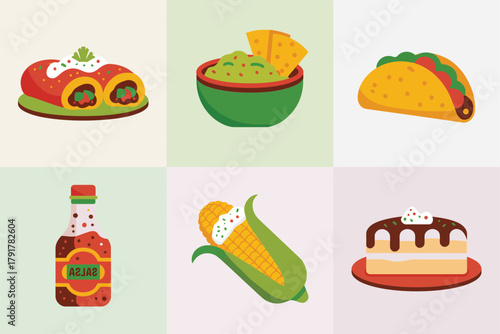 Flat vector icons for cuisine, featuring tacos, nachos, corn, representing traditional street food and cultural dishes,