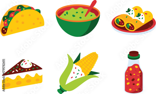 Flat vector icons for street cuisine, featuring tacos, guacamole, corn, representing traditional dishes and sauces,