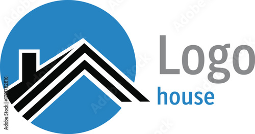 Modern Real Estate Logo with House Roof Icon, Blue Circle Emblem, Clean Typography, Professional Branding for Construction, Property, or Housing Services